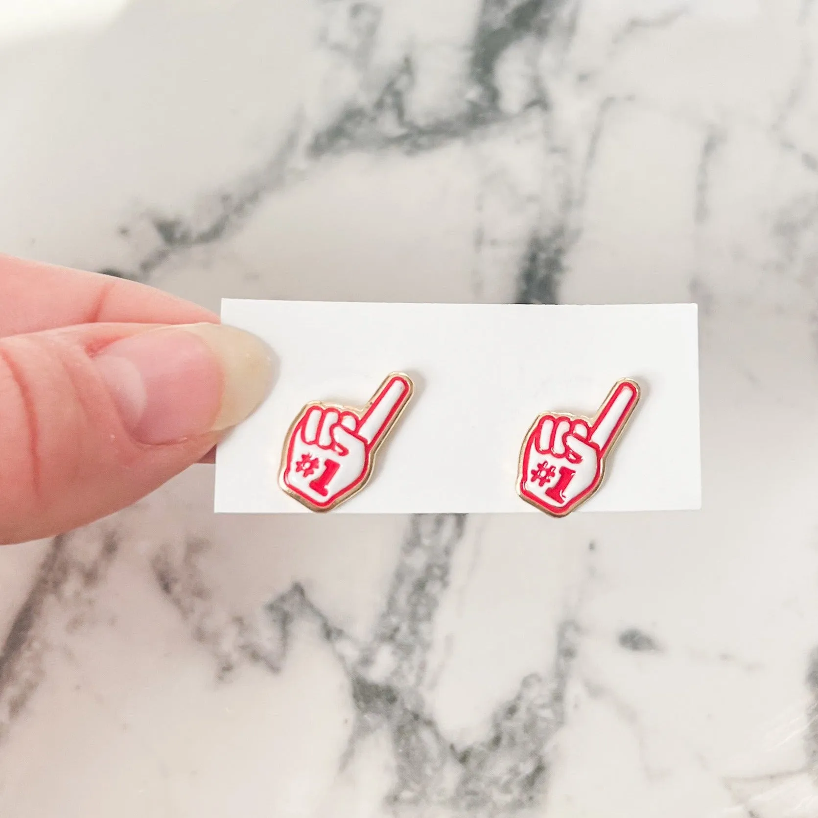 Red and White #1 Foam Finger Stud Earrings