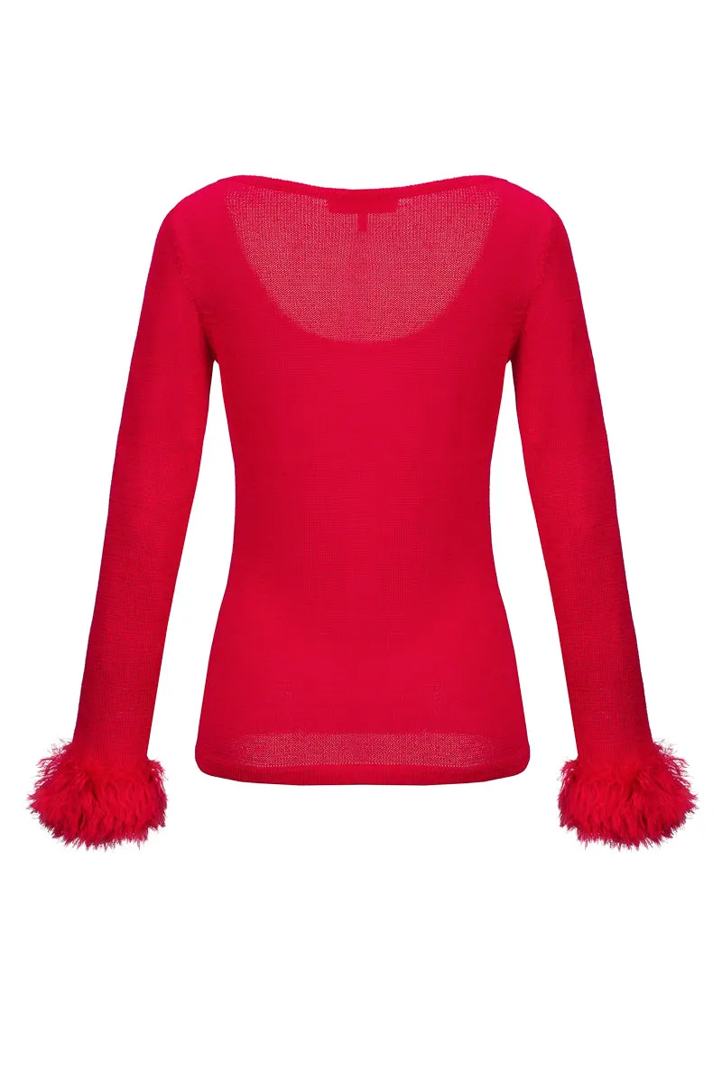 Red Knit Top With Handmade Knit Cuffs