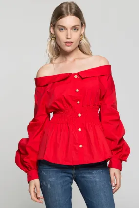 Red Off The Shoulder Smocked Waist Button Up Top