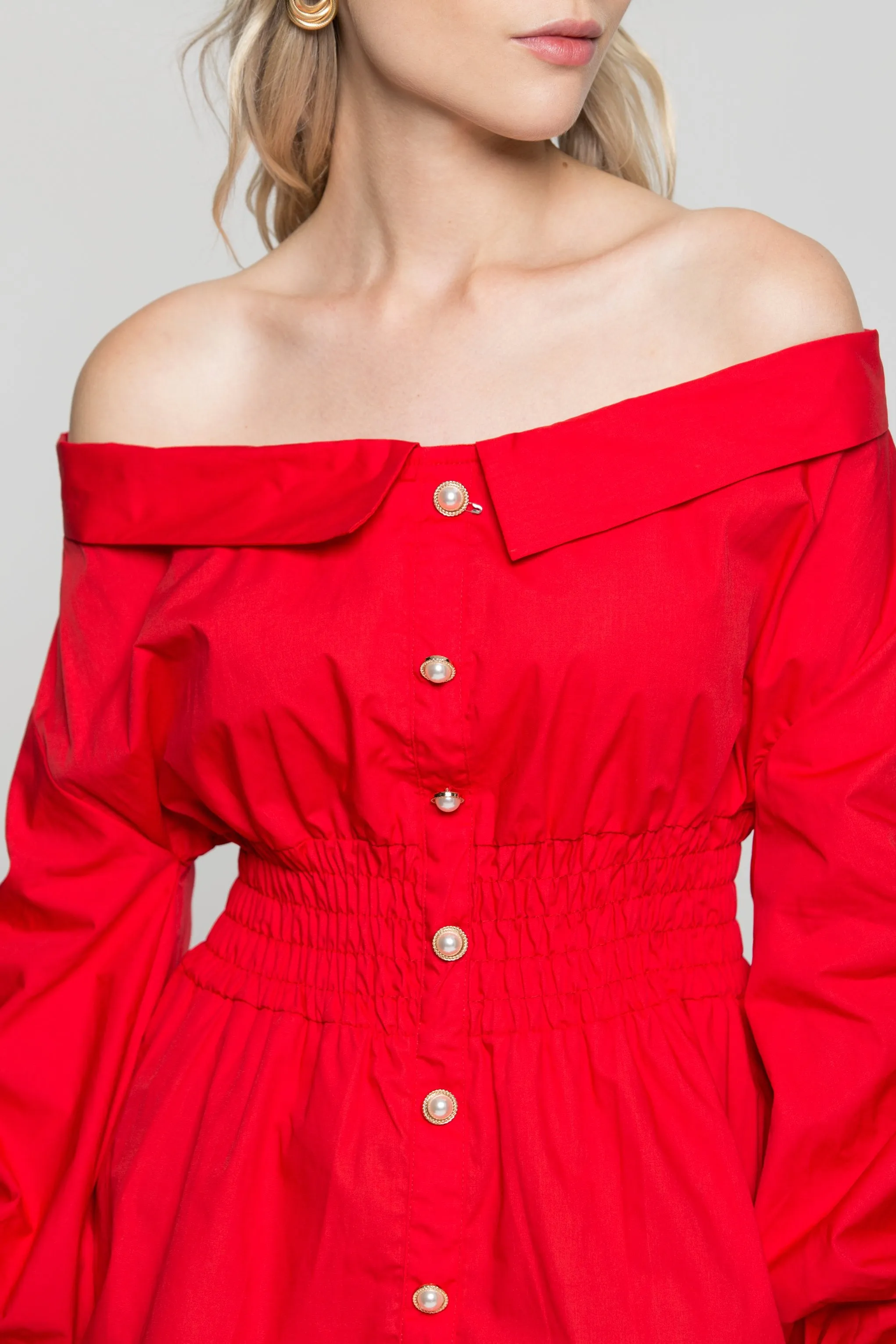 Red Off The Shoulder Smocked Waist Button Up Top