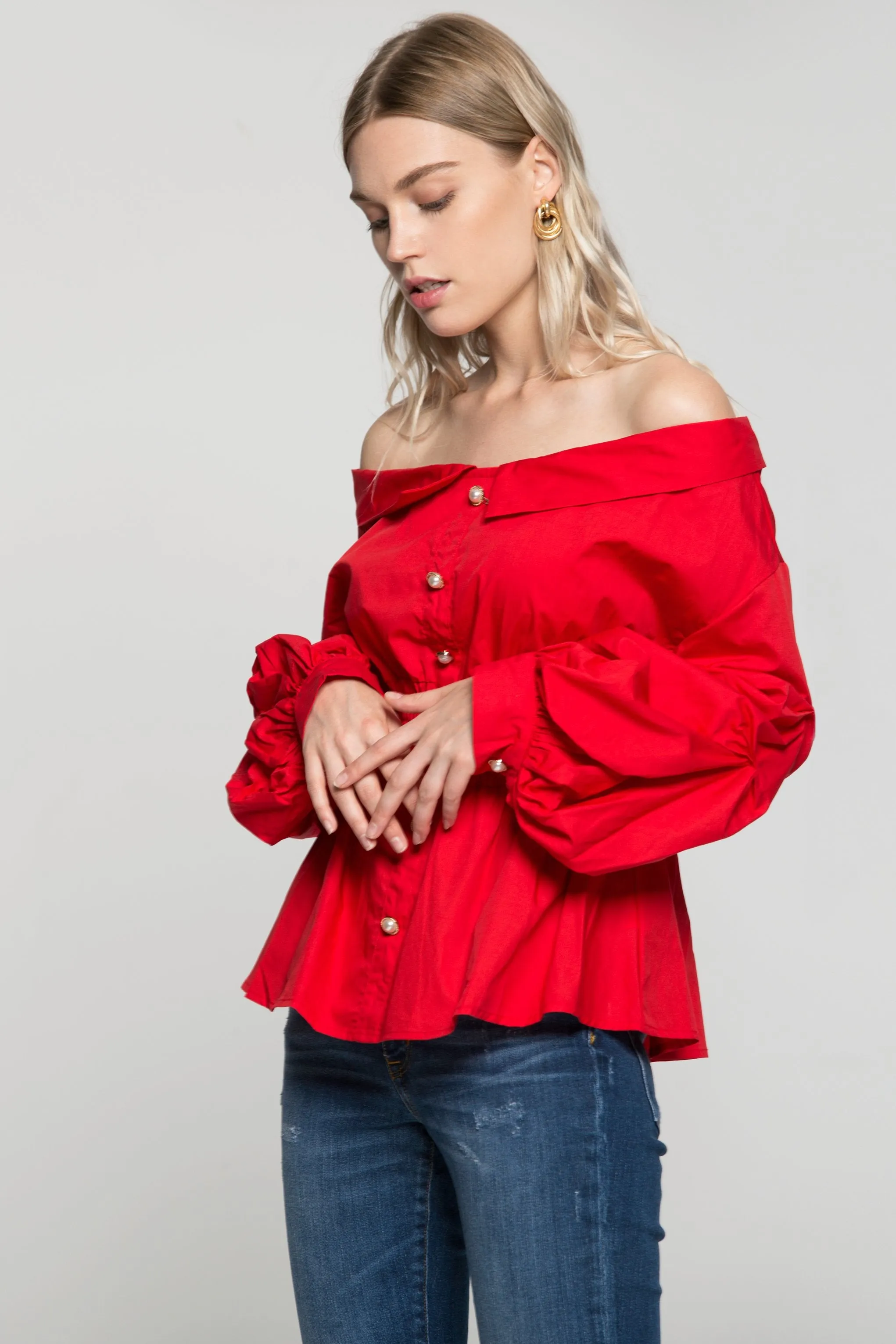 Red Off The Shoulder Smocked Waist Button Up Top