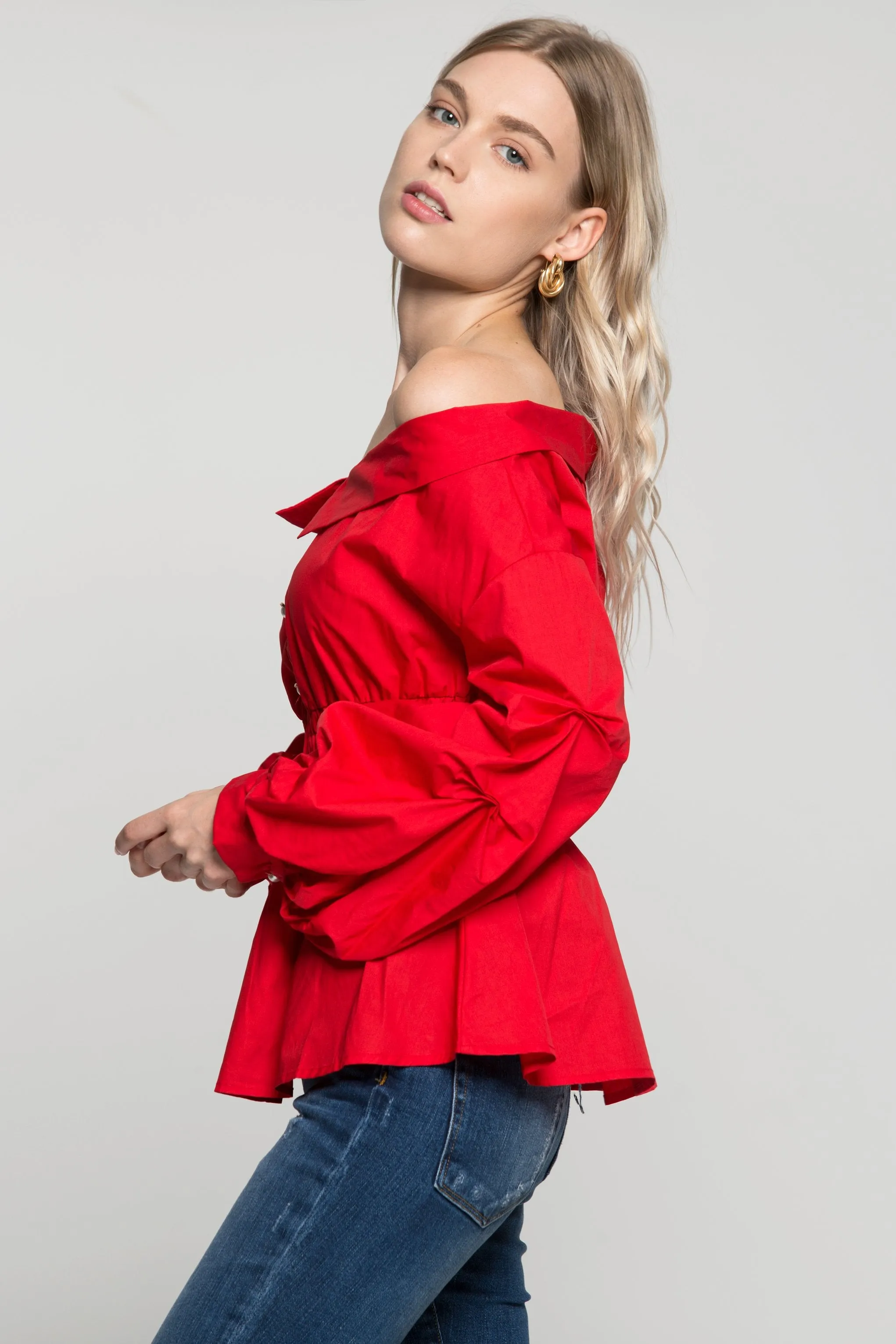 Red Off The Shoulder Smocked Waist Button Up Top