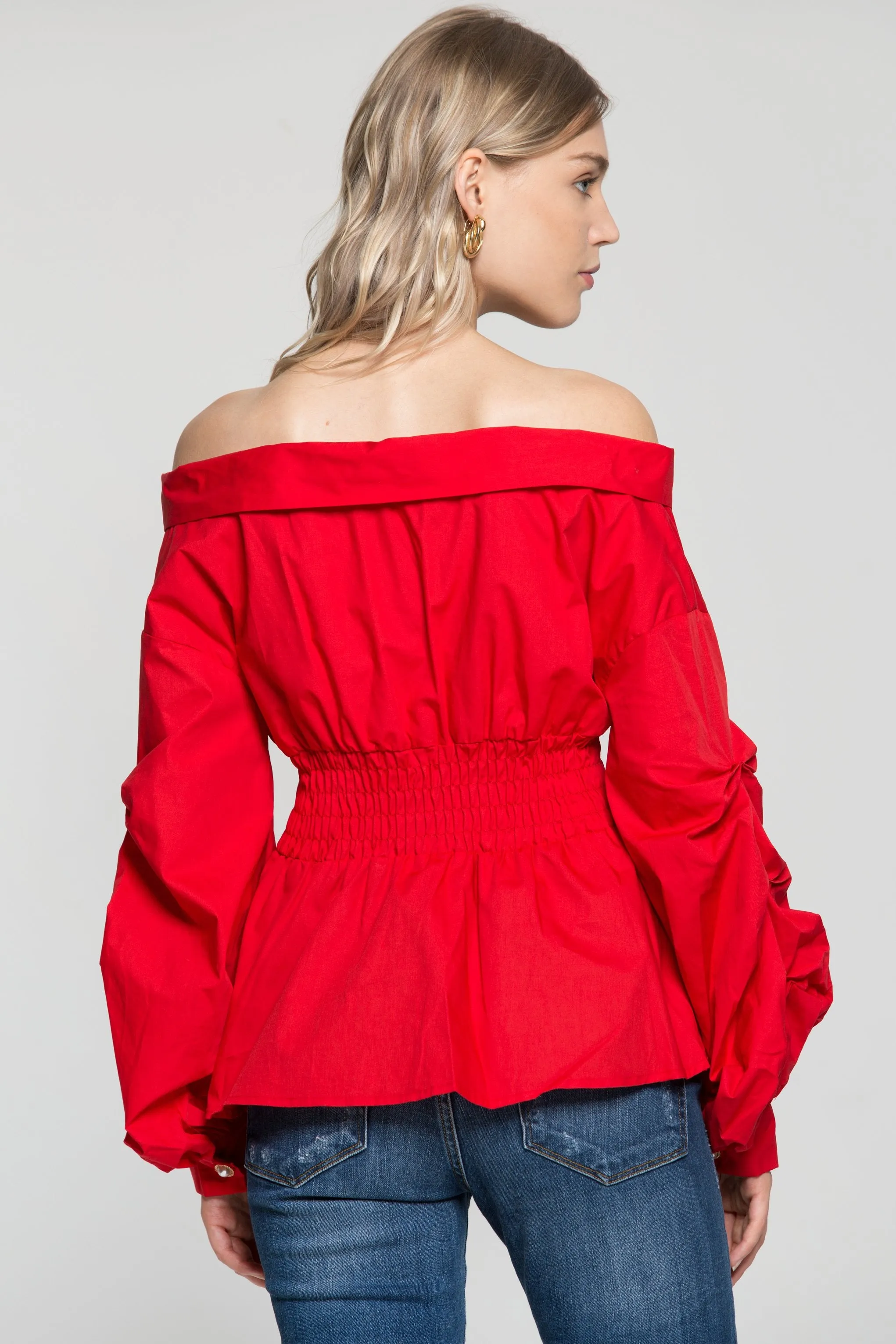 Red Off The Shoulder Smocked Waist Button Up Top