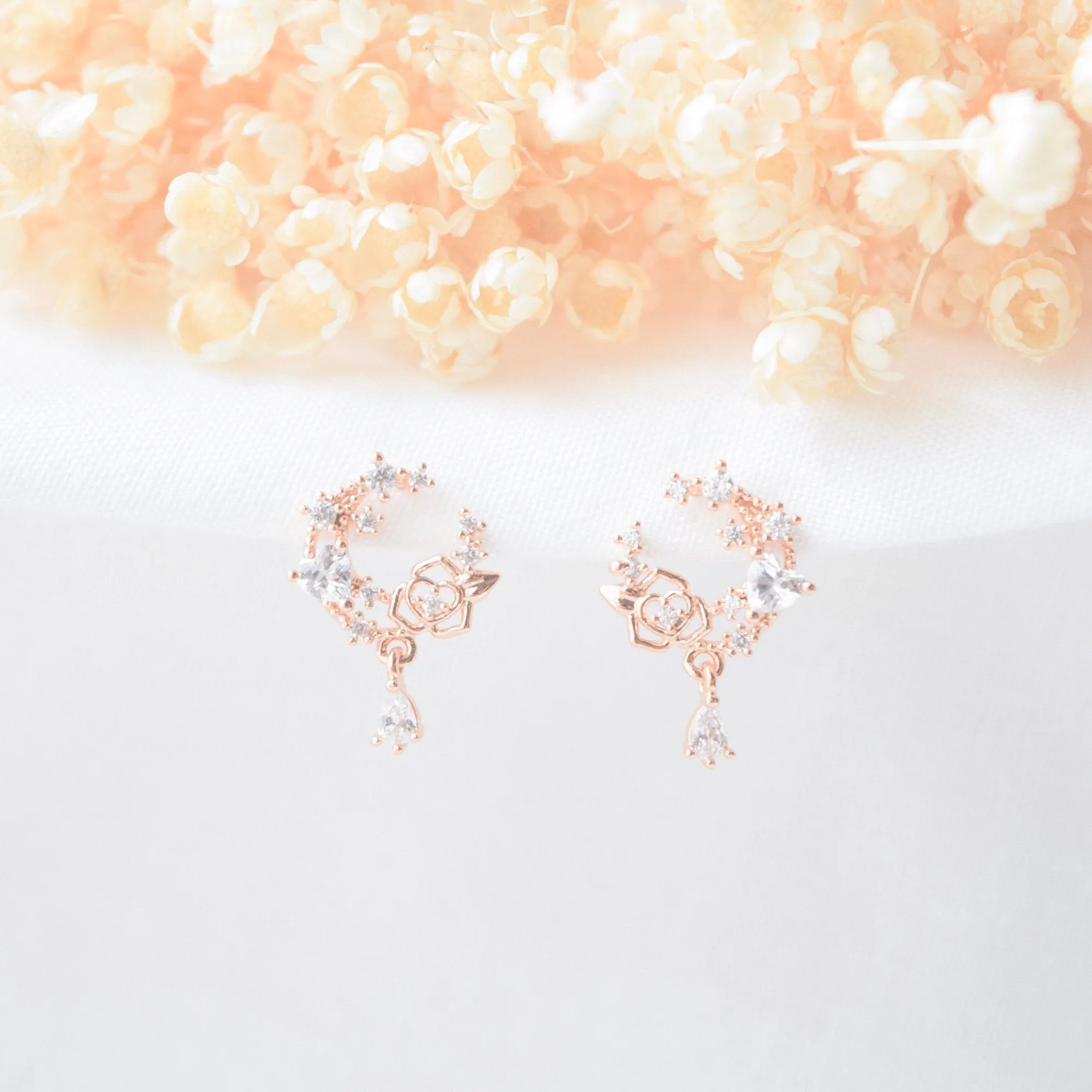 Rose Gold Love Moon Rose Earrings