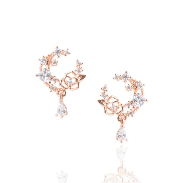 Rose Gold Love Moon Rose Earrings