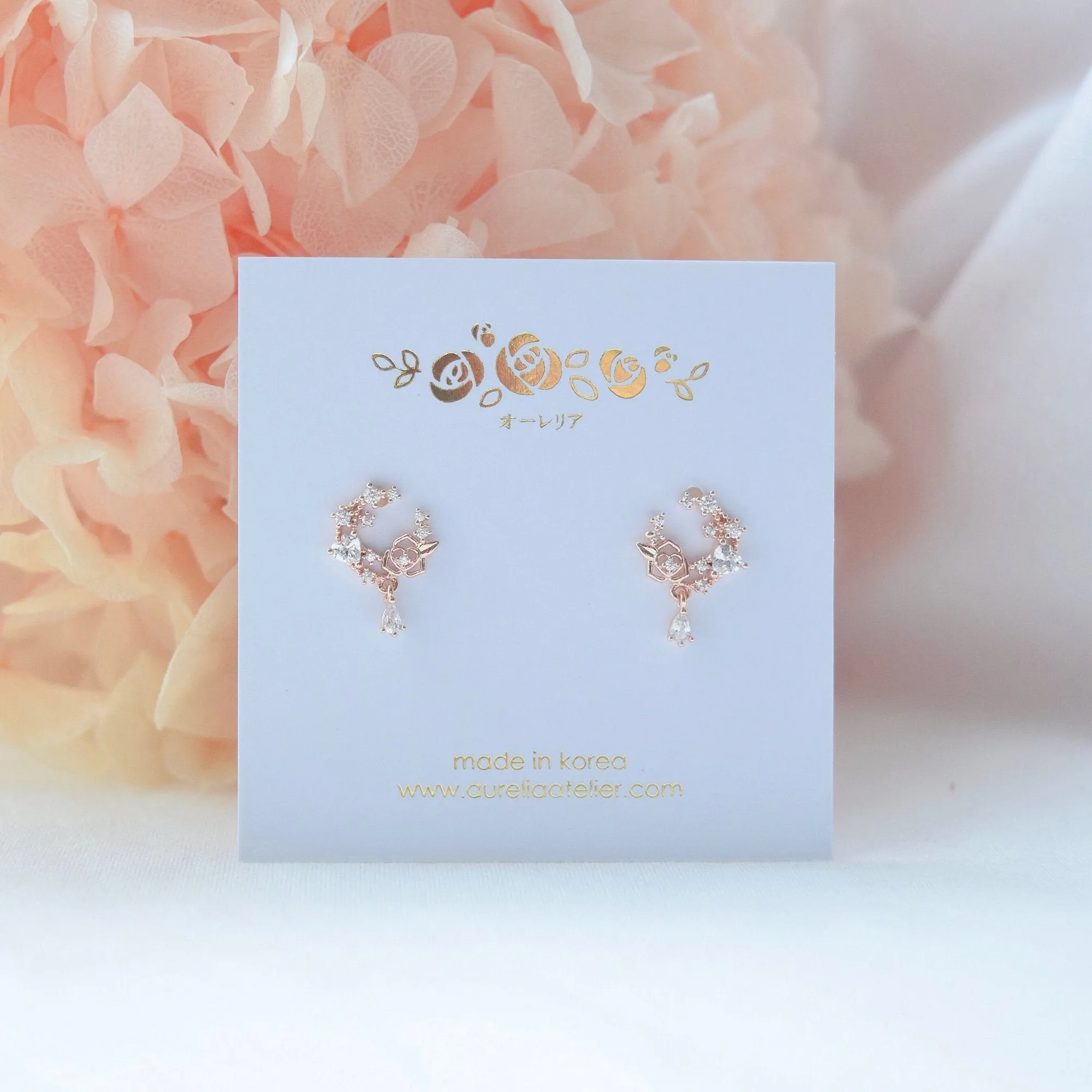 Rose Gold Love Moon Rose Earrings