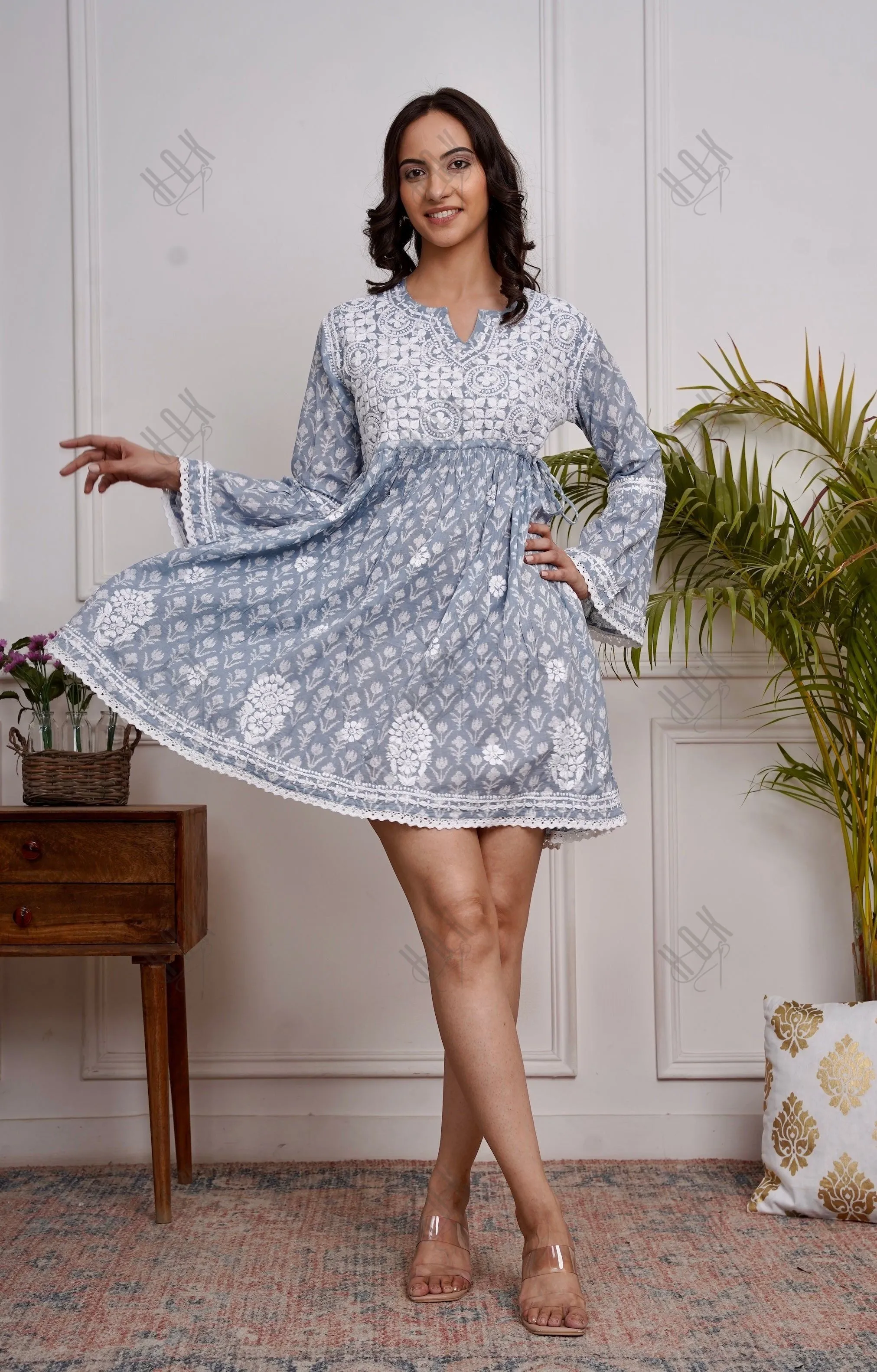 Saba Chikankari  Dress in Mul cotton -Blue