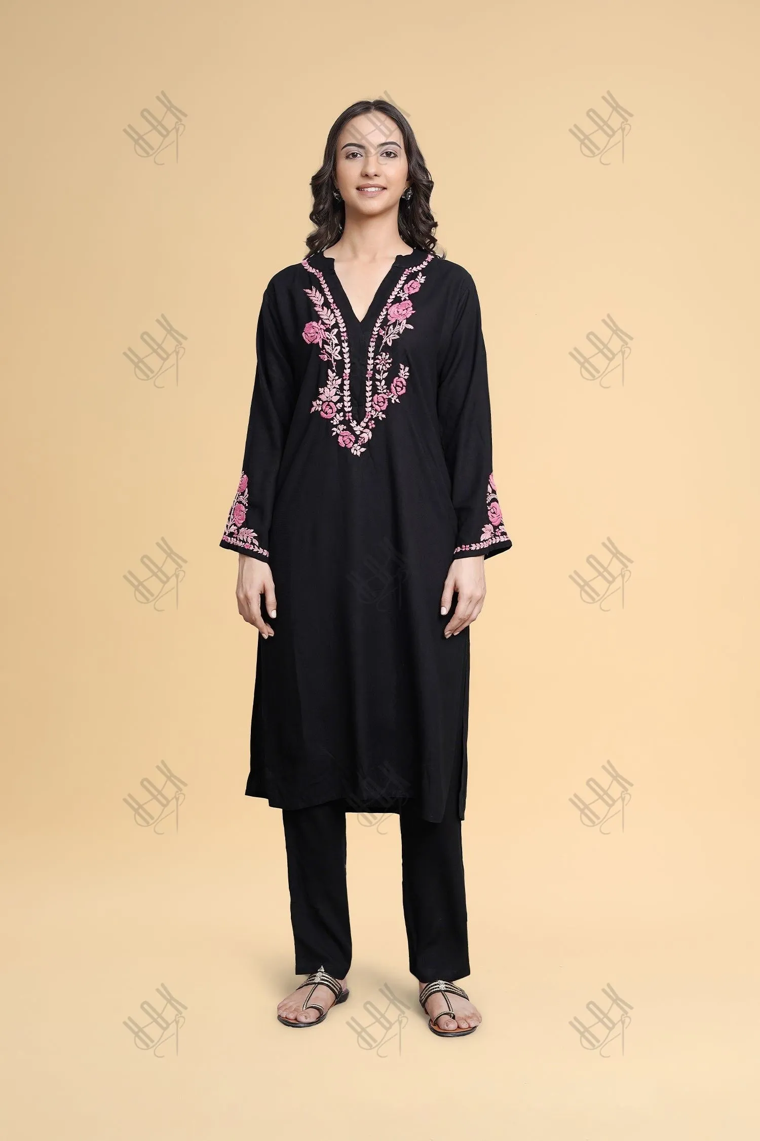 Saba Chikankari Long Kurta in Rayon Cotton - Black