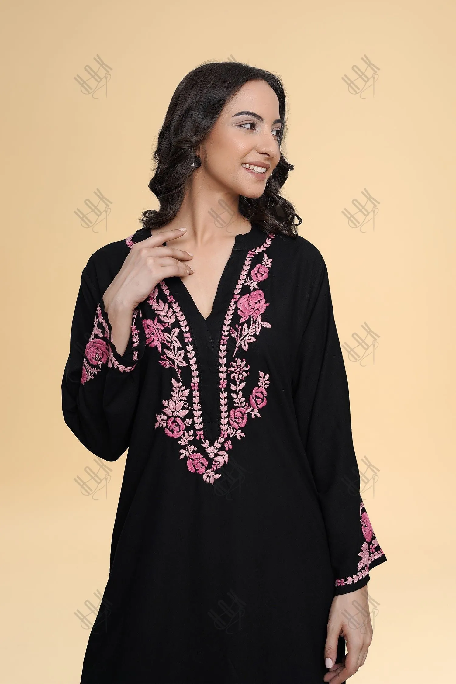 Saba Chikankari Long Kurta in Rayon Cotton - Black