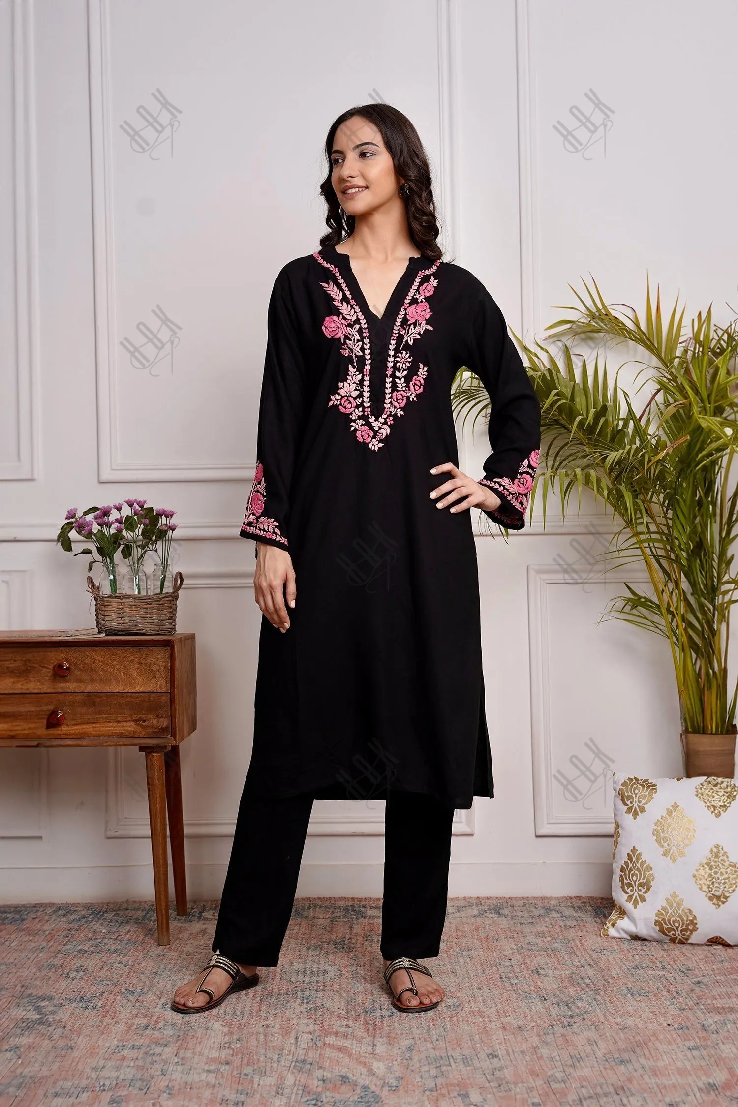 Saba Chikankari Long Kurta in Rayon Cotton - Black