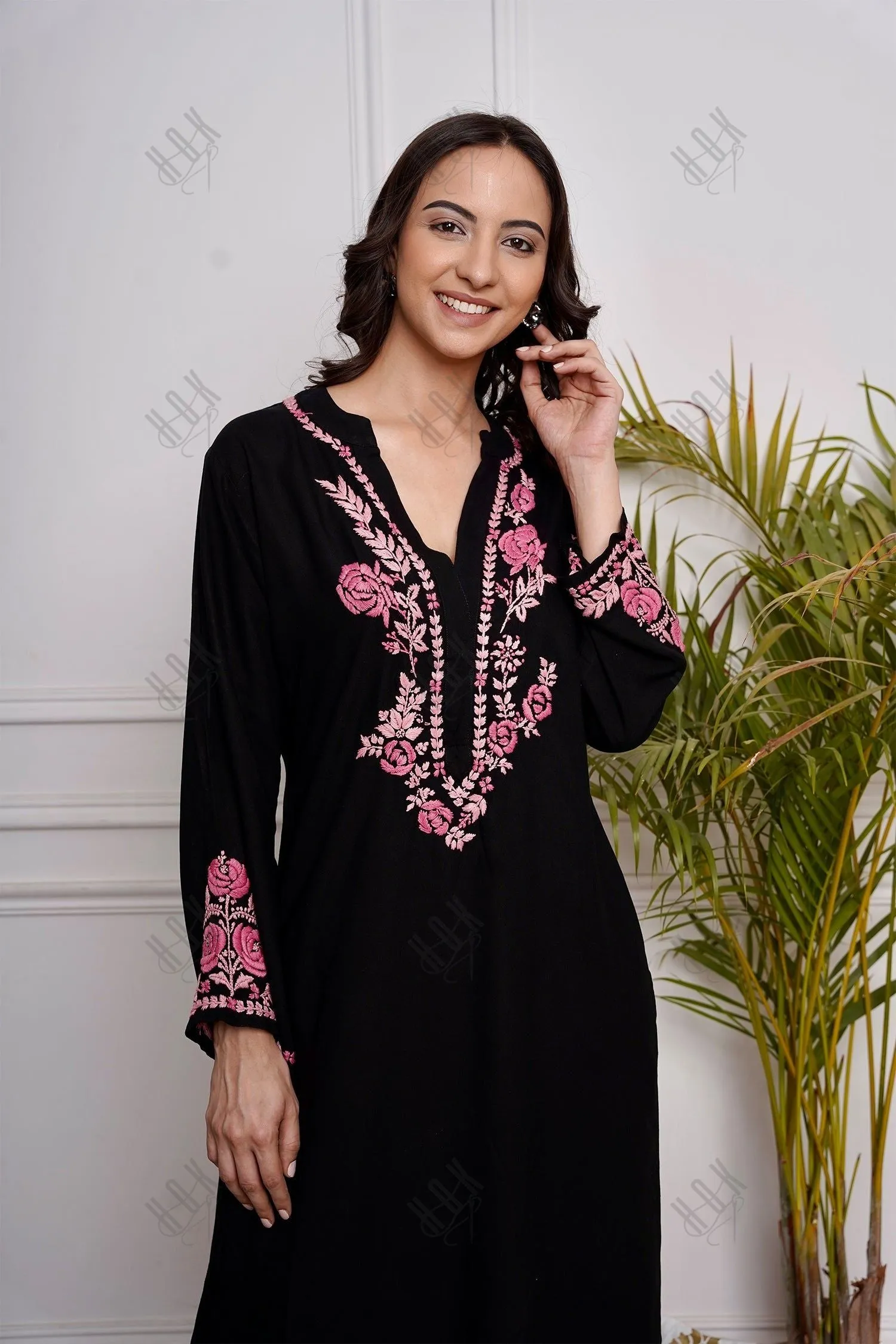 Saba Chikankari Long Kurta in Rayon Cotton - Black