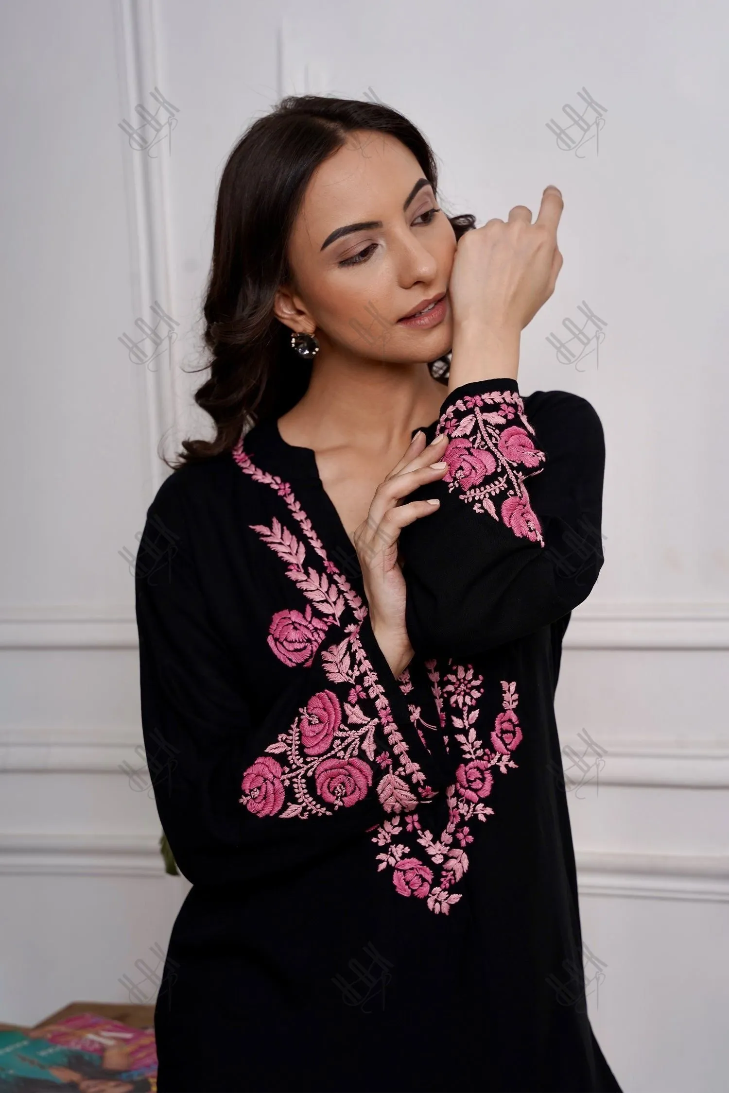 Saba Chikankari Long Kurta in Rayon Cotton - Black