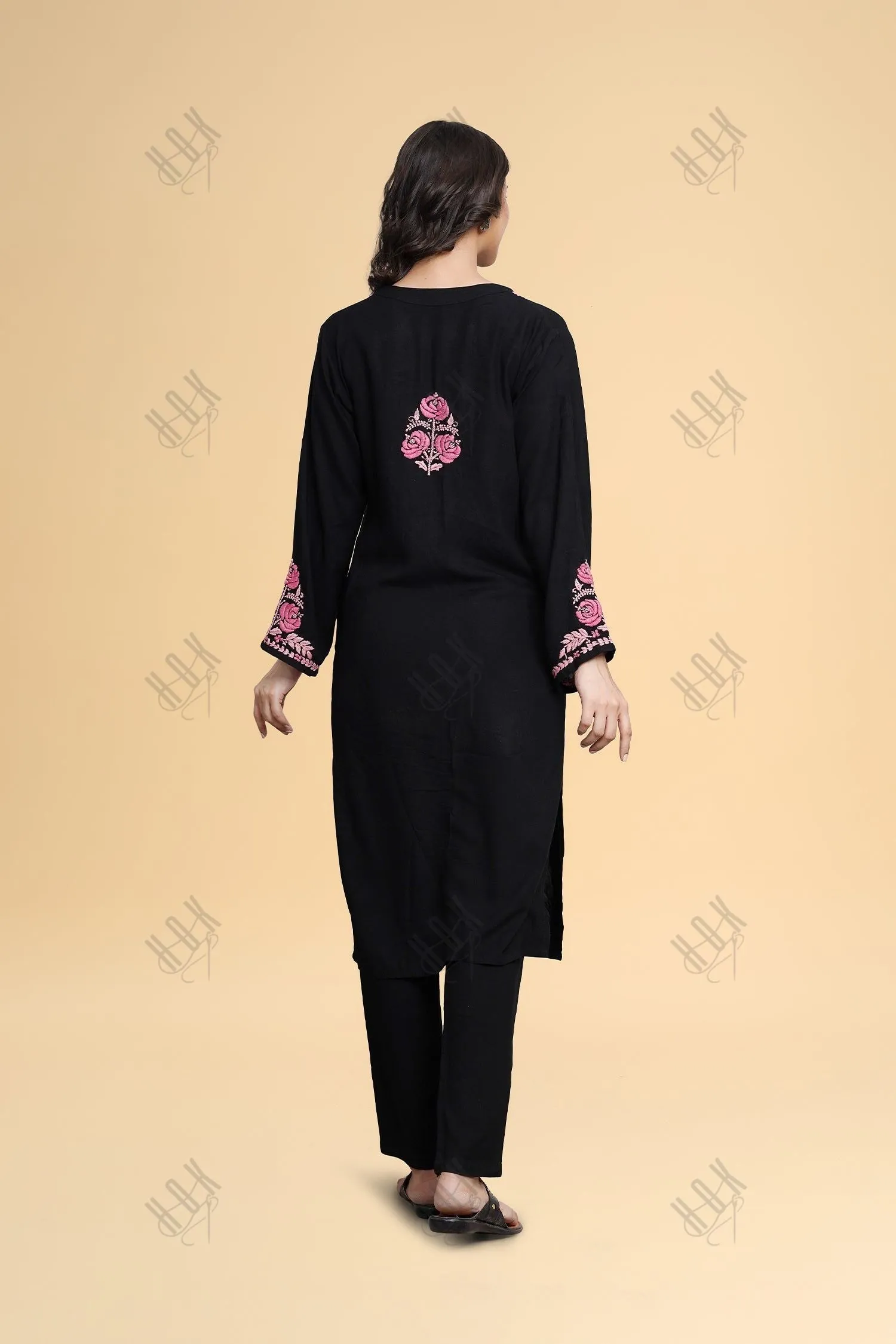 Saba Chikankari Long Kurta in Rayon Cotton - Black