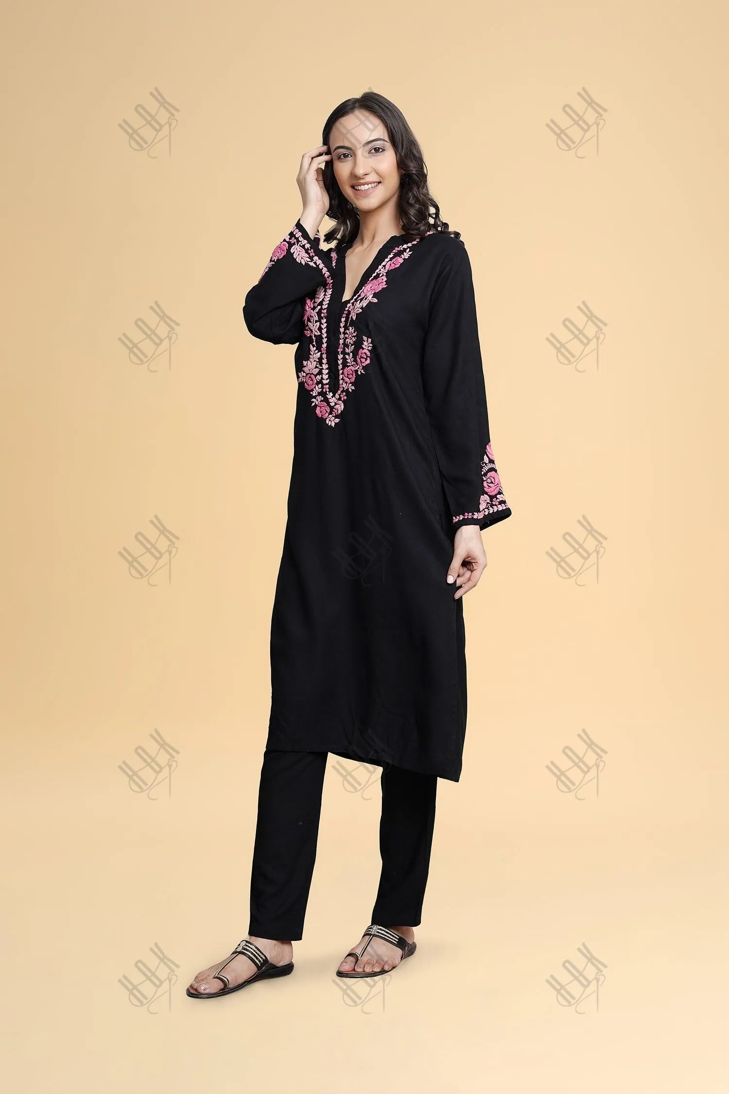 Saba Chikankari Long Kurta in Rayon Cotton - Black