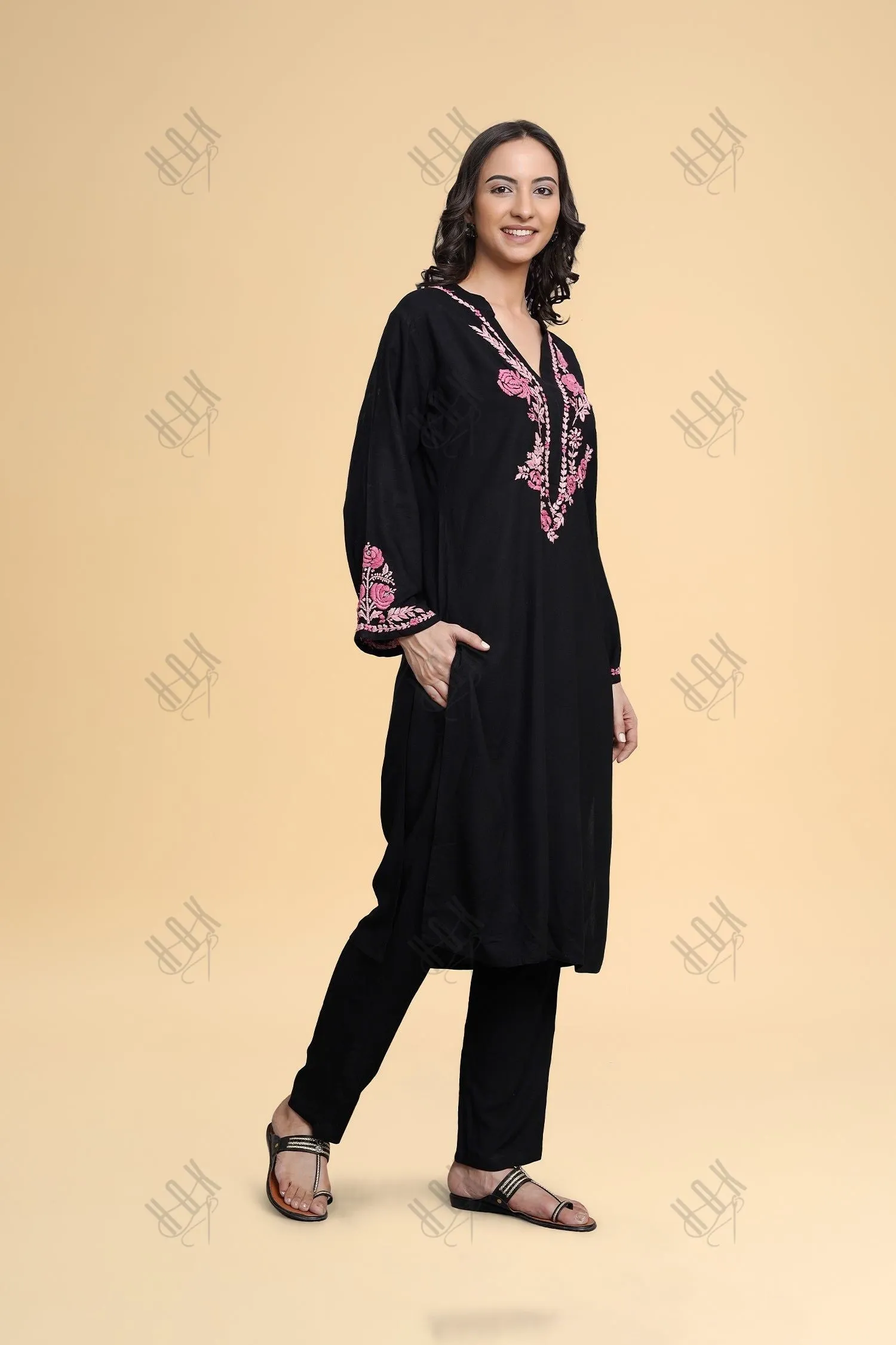 Saba Chikankari Long Kurta in Rayon Cotton - Black