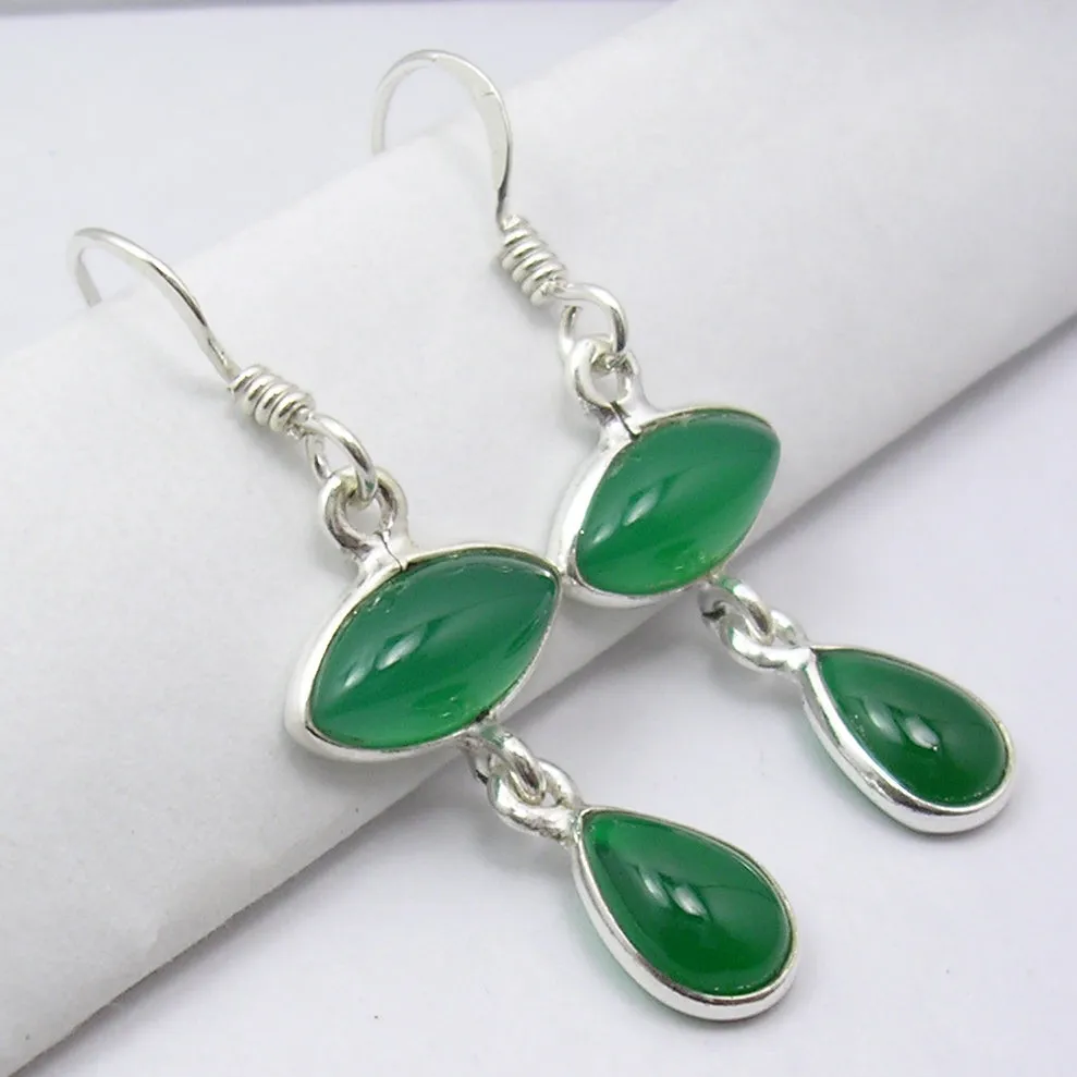 Solid Silver Green Onyx Double Drop Earrings