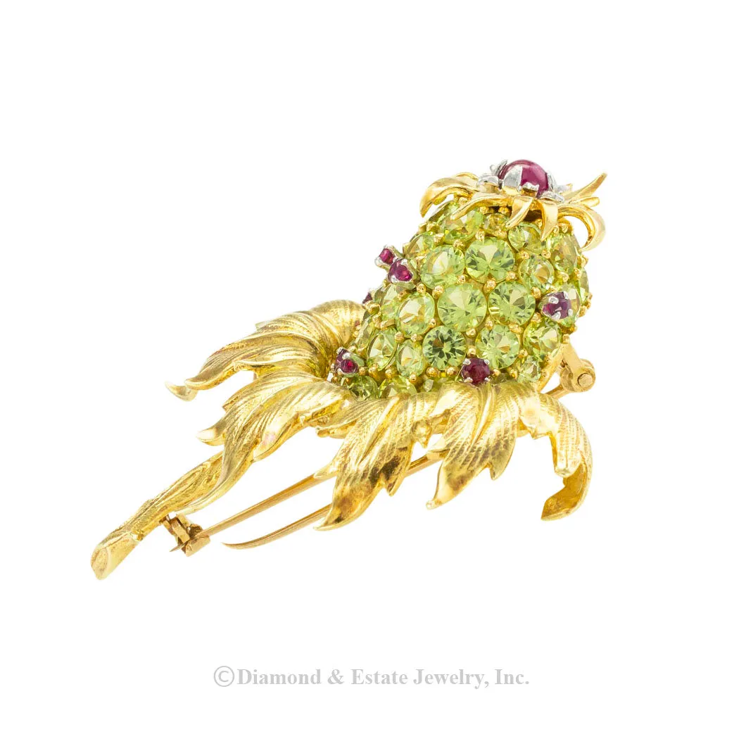 Tiffany Schlumberger Thistle Clip Brooch Peridot Ruby Yellow Gold