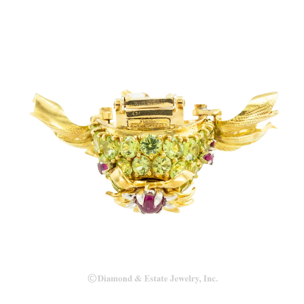 Tiffany Schlumberger Thistle Clip Brooch Peridot Ruby Yellow Gold