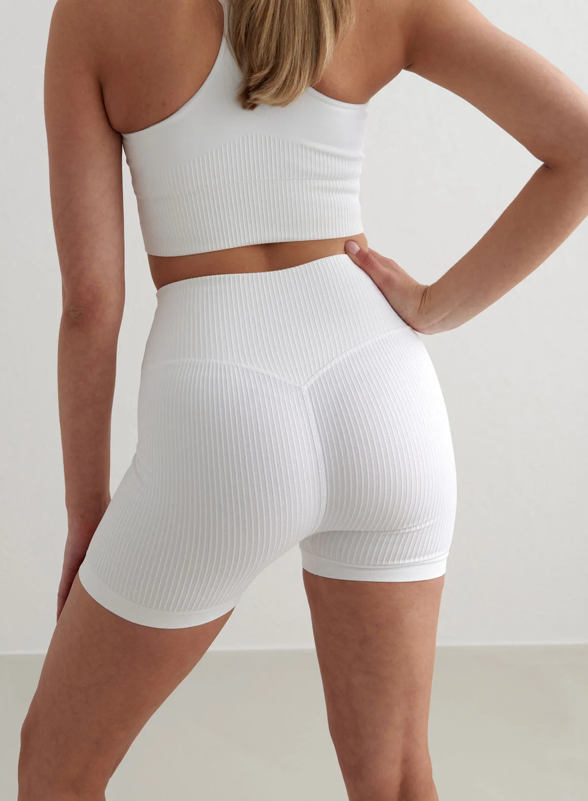 White Ribbed Midi Biker Shorts