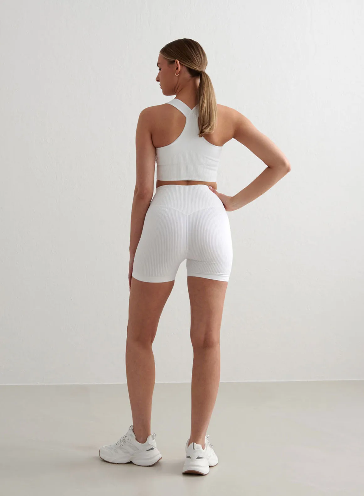 White Ribbed Midi Biker Shorts