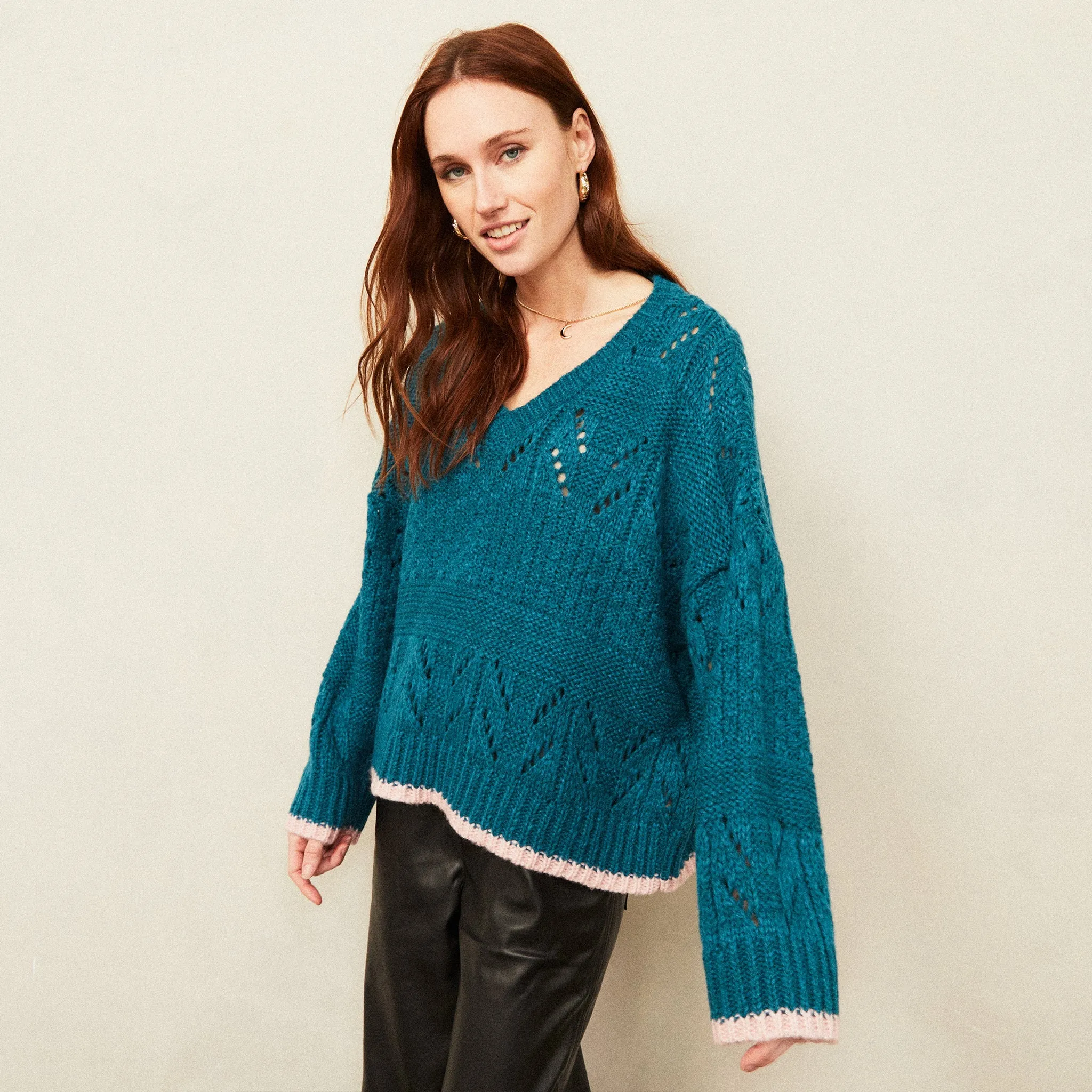 Zoe Pointelle V Neck Wide Sleeve Jumper - Teal